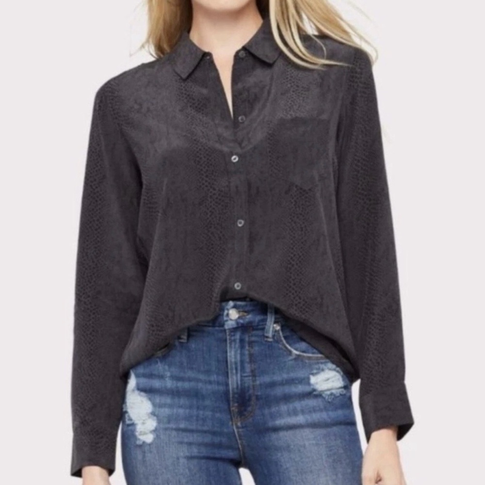 Rails Kate 100% Silk Shirt Cobra Snake Print Button Down Blouse Charcoal Grey